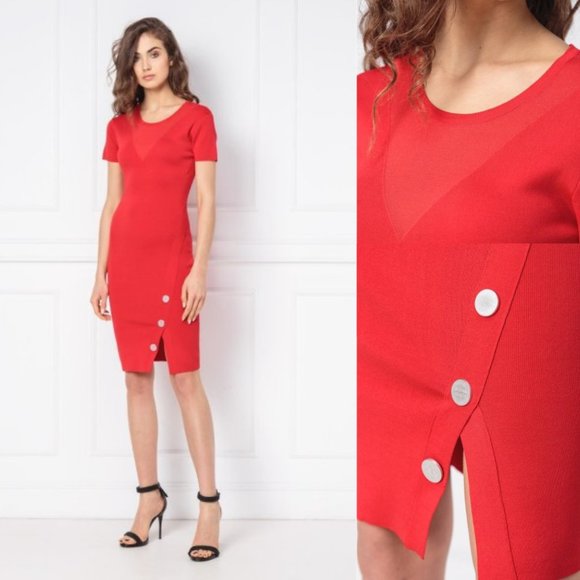 $475 NEW SILVIAN HEACH Red Pencil Dress SMALL Round Neck Short Sleeves Split Hem - Picture 8 of 12